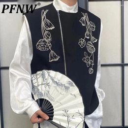 Men's Vests PFNW Embroidery Vest Chinese Style Round Neck Contrast Color Zipper Male Waistcoat Retro Spring Stylish 2024 9C4567