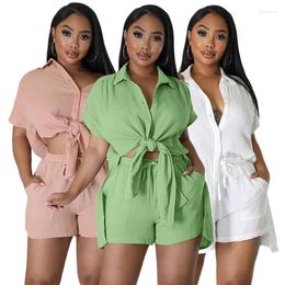 Women's Tracksuits Women Daily Age-Reducing Casual Shorts Suit Summer Solid Colour Short-Sleeved Loose Shirt With Same Pocket