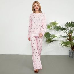 Home Clothing Women's Spring Fall Loungewear Set Flower Print Long Sleeve Round Neck Pullover With Drawstring Pants 2 Pieces Sleepwear