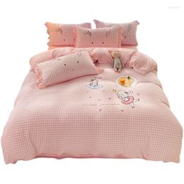 Bedding Sets Korean Princess Style Embroidery Thickening Milk Fiber Four-Piece Coral Fleece Double-Sided Velvet Quilt Cover Bed Sheet