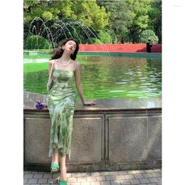 Casual Dresses Women Fashion Green Dress Spaghetti Strap Tie-Dye Slim Ankle Length Summer Vestidos Female Sexy Sheath A-line 2024