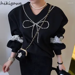 Women's Hoodies Korean Chic Sweatshirts Women Clothing Beading V-neck Long Sleeve Bow Y2k Tops Fashion Casual Vintage 2024 Ropa Mujer
