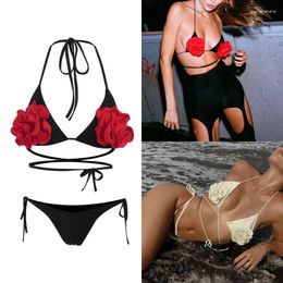 Women's Swimwear Womens Sexy Straps Halter 3D Flower High Cut Thong 2Piece Set Swimsuits