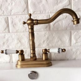 Bathroom Sink Faucets Antique Brass 4" Centerset Faucet Swivel Basin Mixer Tap Dual Ceramic Handles Levers Man067