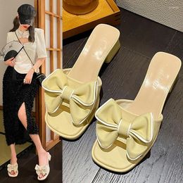 Dress Shoes Korean Version Of Gentle Thick Heeled Bow Tie Sandals For Women In The Summer 2024 French Style Outerwear Flip Flop With