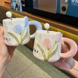 Mugs Cute Breakfast Mug Ladies High Appearance Level Home Tulip Ceramic Creative Couple Coffee