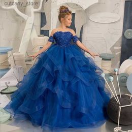 Girl's Dresses Flower Girl Dress Royal Blue Tul Puffy Layered Appliques Short Seve For Wedding Birthday Party Banquet Princess Gowns L240402