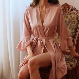 Home Clothing Female Sleepwear Satin Silk Long Bathrobes Ruffled Sleeves Wedding Brides Nightgown Soft Dressing Gown Bathrobe For Women