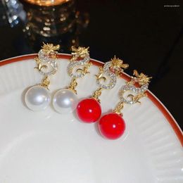 Stud Earrings Chinese Style Vintage Dragon Dangle Trendy Personality Imitated Pearl Pendant Shaped Exquisite