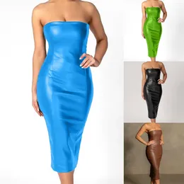 Casual Dresses Sexy Solid Colour Pu Leather Slimming Off The Shoulder Package Hip Dress For Women Fashion Sleeveless Backless Nightclub