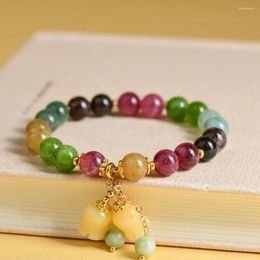 Strand Natural Bead Bracelet Colourful Vintage Flower Pendant With Faux Tourmaline For Women Lightweight Elastic Luxury