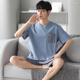 Home Clothing Summer Modal Cotton Round Neck Men's Short Sleeved Shorts And Pyjama Set Casual Plaid Oversized Pullover Simple