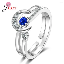Wedding Rings Moon/Star 2pcs Ring Sets 925 Sterling Silver Adjustable Open For Women Cubic Zirconia Crystal Couple Bague Jewelry