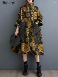 Casual Dresses Oversized Autumn Winter Midi Dress Women Patchwork Fashion Chinese Style Flower Ladies Pleated Loose Woman 2024