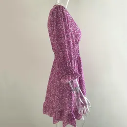 Casual Dresses Elastic Waist Dress Waist-cinching Bohemian Floral Print Mini With Ruffle Edge V Neck Women's A-line Summer Beach