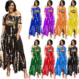 Designer Women's Sexy Large Size Dress Europe America Fashionable casual dress with sloping shoulders lip tie dyed pockets large hem dress clothing ladies skirt KCWC