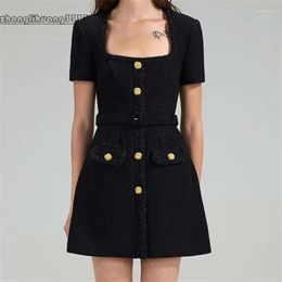 Dresses Spring Casual 2024 In Square Neck Tweed Waist Short Skirt Elegant For Women Korean Fashionthe Mini Sleeved Top