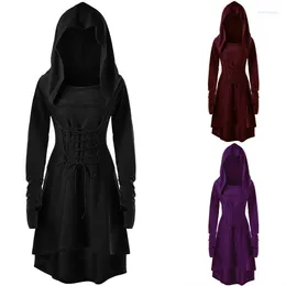 Casual Dresses Autumn And Winter Women's Solid Colour Festival Performance Dress With Long Sleeves Hooded Lace-up