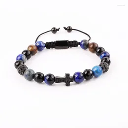 Strand High Quality CZ Pave Cross Charm Natural Stone Black Agate Tiger Eye Bronze Beaded Custom Macrame Bracelet Men Women