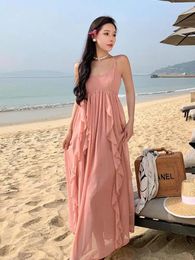 Casual Dresses 2024 Summer Women Pink Elegant V-neck Ruffle Edge Pleated Long Dress Sleeveless Backless Beach Vacation Birthday Party