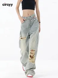 Women's Jeans Circyy Irregular Ripped For Women High Waisted 2024 Hollow Out Washed Denim Pants Streetwear Wide Leg Trousers