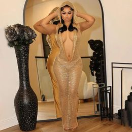 Casual Dresses Sexy Women Shiny Golden Sequin Long Dress Backless Low-cut Hooded Party Lady Glitter Cut-out Prom Cocktail Celebrity