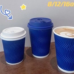 Disposable Cups Straws 50pcs Dark Blue Double Layer Paper Thick Coffee Cup Party Birthday Wedding Favors Drinking Milk Tea Juice 400ml