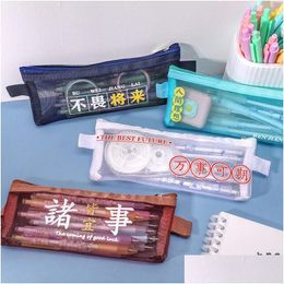 Pencil Bags Wholesale 1 Pcs Creative Mesh Transparent Cute Square Portable Pen Pouch Bag School Office Supply Stationery Case Drop Del Dhevi