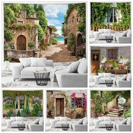 Tapestries Street Landscape Tapestry Mediterranean Architecture Green Plants And Flowers Rustic Doors Windows Patio Wall Hangings Decor