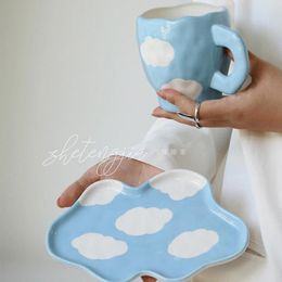 Mugs Korean Ceramic Hand-painted Blue Sky White Cloud Coffee Cup Saucer High Appearance Level Lovely Water