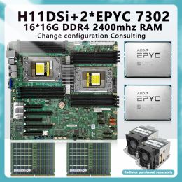 Motherboards H11DSi FOR Socket SP3 Motherboard + 2*EPYC 7302 16C/32T 155w TDP CPU Processor+ 16* 16GB=256GB RAM DDR4 2400mhz RECC Memory