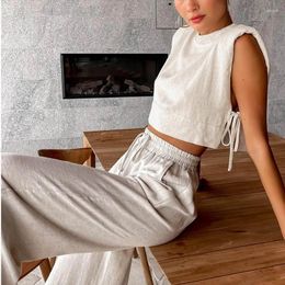 Women's Two Piece Pants Women Solid 2 Summer O-Neck Sleeveless Linen Lace-Up Crop Tops Elastic Waist Suits Ladies Casual Holiday Outfits