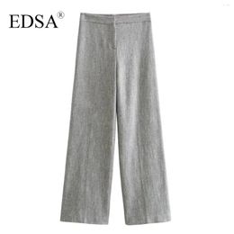 Women's Pants EDSA Women Stylish Grey Wide-leg Herringbone Trousers High Waist For Office Lady Interior Button Metal Hook Long Pant