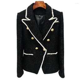 Women's Suits 2024 Spring Modern Blazers White Tweed With Black Whiskers In Jackets Ladies Autumn Gold Button Slim-fit Suit