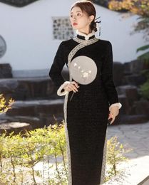 Casual Dresses Elegant Women Cheongsam Long Sleeve Lace Velvet Party Qipao Autumn Winter Vintage Chinese Style Dress Banquet Gown Vestidos