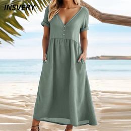 Summer Casual Loose Elegant Long Line Dresses For Women Solid Beach Party Dres V Neck Button Maxi Dress 2024 240327