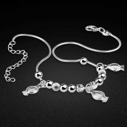 Anklets Summer Popular Womens 925 Sterling Silver Anklet Adjustable Silver Fish/Bead Foot Ankle Girls Beach Party Jewelry Fine L46