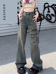 Women's Jeans Aoaiiys Cargo Pants Women High Waisted 2024 Pockets Zipper Wide Leg Blue Full Length Streetwear Vintage Trousers