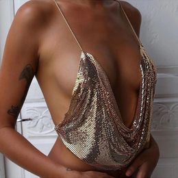 AKYZO Women Sexy Metal Sequined Tank Camis Summer Gold Silver Backless Cropped Glitter Beach Club Show Wear Tank Tops 240325