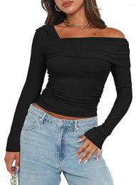 Women's T Shirts Women S Long Sleeve Tops Tight Fitted One Off Shoulder Asymmetrical Neck Ruched Shirt Solid Colour Crop