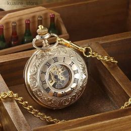 Pocket Watches Luxury steam punk retro mechanical pocket mens skeleton dial carved case Fob chain pendant series clock L240402