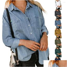 Women'S Blouses & Shirts Womens Denim Shirt Autumn Loose Double Pocket Long-Sleeved Solid Colour Lapel Button-Up Blouse Drop Delivery Dhb3K