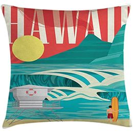Pillow Hawaiian Throw Cover Retro Artwork Of Colorful Sandy Coastline Sunny Day Surfboard And Tropics Travel Destination
