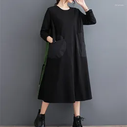 Casual Dresses Korea Style Black Green Patchwork Pockets Chic Girl Autumn Shirts Dress Office Lady Work Fashion Women Spring