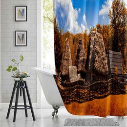 Shower Curtains Rustic Autumn Barn Door Curtain Village Straw Roofing Printed Polyester Fabric Waterproof Bathroom With Hooks