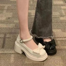Dress Shoes Bow Pearl Mary Jane High Heels Women's 2024 Spring Summer Closed Toe Sandals Chunky Heel Pumps Kawaii Platform