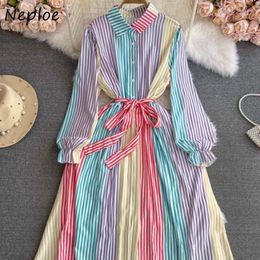 Casual Dresses Neploe Coloured Stripes Shirts Dress For Women Spring Slim Waist Lace Up Y2k Lapel Neck Single Breasted Vestidos