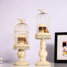 Candle Holders European Iron Art Creative White Vintage Bird Cage Carved Stand DIY Style Po Prop Candelabro Mimbre