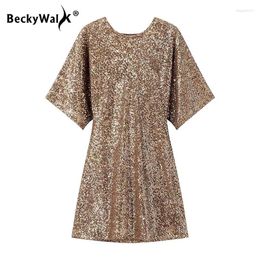 Party Dresses Fashion Short Sleeve O-neck Golden Sequin Dress Women Autumn Spring Solid Colour Sexy Skirt Female WF377