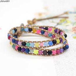 Hot Selling Bohemian Multi-color Stone Wax Wire Woven Womens Multi-layer Winding Beaded Bracelet Jewellery